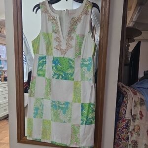 Lilly Pulitzer Patchwork Midi Dress in White, Green, Blue, Pink